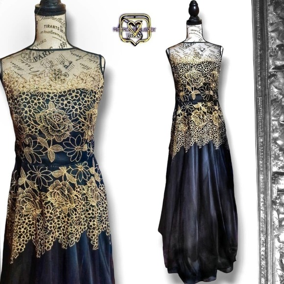 Tahari S. Levine Gold Embroidered Tulle Special Occasion Ballgown - Picture 1 of 11